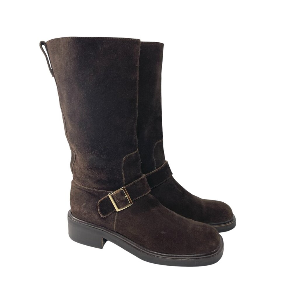 Vintage GUCCI Dark Brown Suede Buckle Mid Calf Boots Womens 36.5 6.5 B - Picture 3 of 10